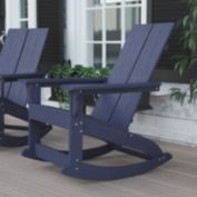 Flash Furniture Finn Modern Commercial Grade All-Weather 2-Slat Poly Resin Wood Rocking Adirondack Chair with Rust Resistant Stainless Steel Hardware in Navy