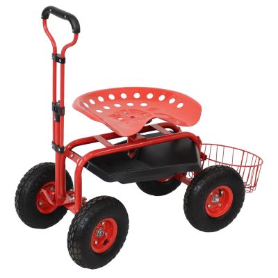 Sunnydaze Outdoor Lawn and Garden Heavy-Duty Steel Rolling Gardening Cart with Extendable Steer Handle, Swivel Chair, Tool Tray, and Basket - Red