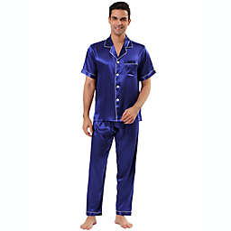 Lars Amadeus Men's Satin Sleepwear Short Sleeves Button-Down Pajama Sets XL Navy Blue