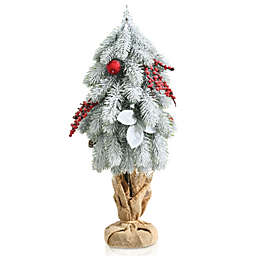 Gymax 19in Mini Tabletop Christmas Tree Snow Flocked Xmas Tree w/ Burlap Cement Stand
