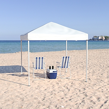 Emma and Oliver 8&#39;x8&#39; White Weather Resistant Easy Pop Up Slanted Leg Canopy Tent with Carry Bag. View a larger version of this product image.