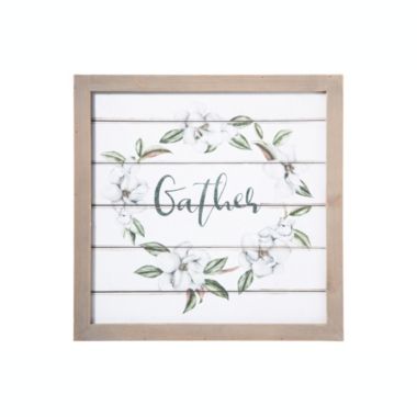 Urban Trends Collection Wood Square Wall Art with Frame, Printed "Gather" and Petals Design Painted Finish White. View a larger version of this product image.