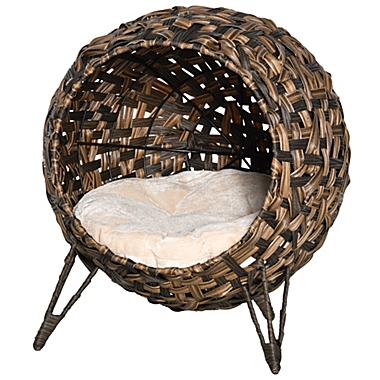 PawHut 20.5" Natural Rattan Cat House, Elevated for Comfort and Circulation, Cushion Included as Animal Bed, Brown. View a larger version of this product image.