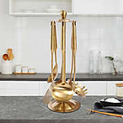 Infinity Merch Kitchen Utensils 7 Set with Large Rice Spoon Utensil Holder in Gold