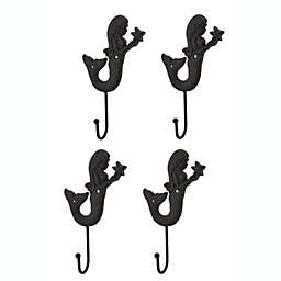 Zeckos Set of 4 Rustic Brown Cast Iron Curved Tail Mermaid Wall Hooks