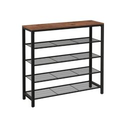 VASAGLE Shoe Rack, Shoe Storage Organizer with 4 Mesh Shelves and Large Surface for Bags, Shoe Shelf for Entryway Hallway Closet, Steel Frame, Industrial, Hazelnut Brown and Black