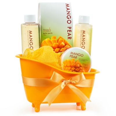 Freida and Joe Tropical Mango Pear Fragrance Bath & Body Spa Gift Set in an Orange Tub Basket
