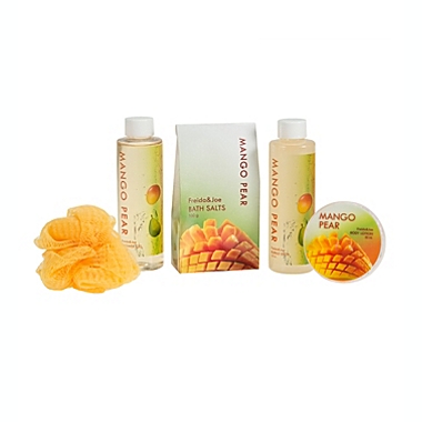 Freida and Joe Tropical Mango Pear Fragrance Bath & Body Spa Gift Set in an Orange Tub Basket. View a larger version of this product image.