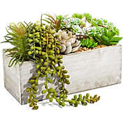 Juvale Artificial Mixed Succulent Plants in Rectangular Wooden Planter Box (9 x 4 in.)