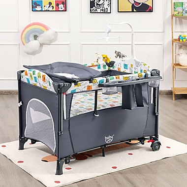 Costway 5 in 1 Baby Nursery Center Foldable Toddler Bedside Crib with Music Box. View a larger version of this product image.
