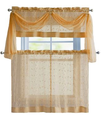 Kate Aurora Living Complete 4 Piece Linen Leaf Embroidered Complete Kitchen Curtain Set - 58 in. W x 36 in. L, Gold
