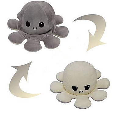 Kauri Reversible Plush Octopus Mood Toy   Two Different Colors And Faces For Your Different Moods   Gray And White   Gift Idea For Kids Or Adults To Keep In The Office. View a larger version of this product image.