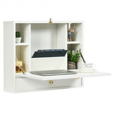 Costway Wall Mounted Folding Laptop Desk Hideaway Storage with Drawer-White