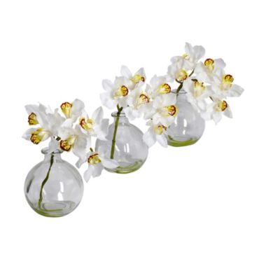 Nearly Natural Cymbidium with Vase Silk Flower Arrangement (Set of 3) White. View a larger version of this product image.