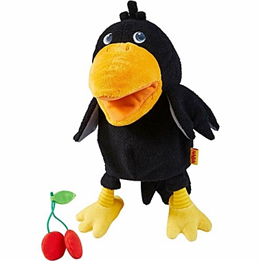 HABA Theo The Raven Glove Puppet with Cherries - Beak Opens Wide with Opening to Eat The Fabric Fruit. View a larger version of this product image.