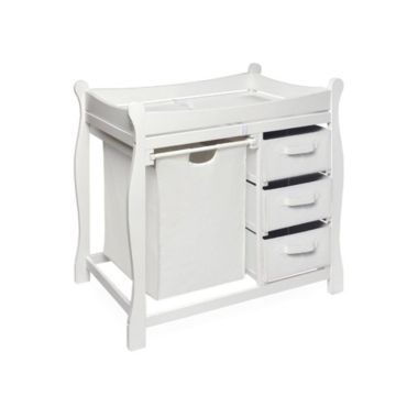 Badger Basket Co. White Sleigh Style Changing Table with Hamper/3 Baskets. View a larger version of this product image.
