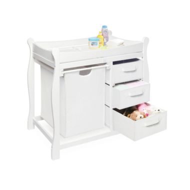 Badger Basket Co. White Sleigh Style Changing Table with Hamper/3 Baskets. View a larger version of this product image.