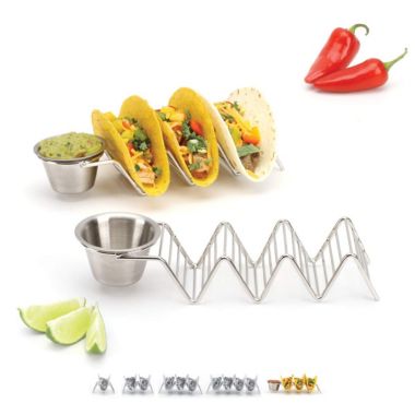 Taco Holder Stand with Salsa Cup - Chrome Finish - Premium 18/8 Stainless Steel - Holds 3. View a larger version of this product image.