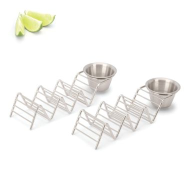 Taco Holder Stand with Salsa Cup - Chrome Finish - Premium 18/8 Stainless Steel - Holds 3. View a larger version of this product image.