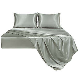 PiccoCasa Satin Sheet Set 4-Pieces Soft Luxury Silky Bedding Set Polyester with 2 Envelope Pillowcases, Elastic Deep Pocket Fitted Sheet, Ash Gray King