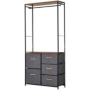 HOMCOM Industrial Bedroom Hall Tree Organizer with Long Coat Hanger Bar, 5 Fabric Foldable Drawers for Entryway, Bedroom, Office, Dorm Room