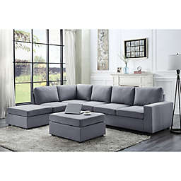 Contemporary Home Living Set of 7 Lava Gray Cassia Linen 7-Seat Reversible Modular Sectional Sofa with Ottoman, 10'