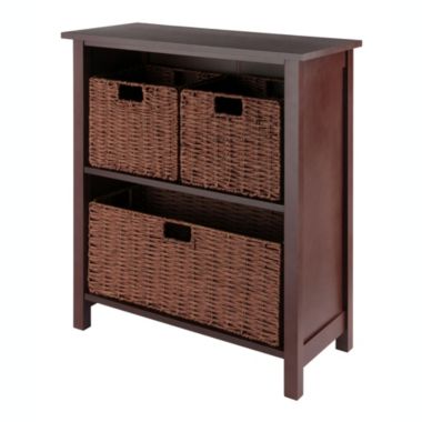 Winsome Priyas Home Goods Milan 4 Piece Storage Shelf with 3 Foldable Woven Baskets - Walnut. View a larger version of this product image.