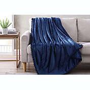The Nesting Company Walnut Flannel Extra Soft Pompom Throw Blanket 50" x 70" - Navy