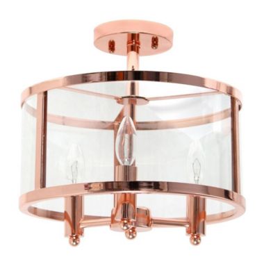 Elegant Designs Medium 13" Iron And Glass Shade Traditional Farmhouse Industrial 3-Light Ceiling Mounted Round Semi-Flushmount, Rose Gold. View a larger version of this product image.