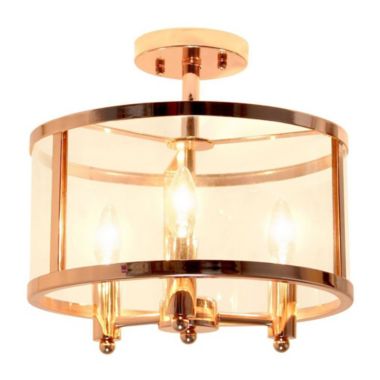 Elegant Designs Medium 13" Iron And Glass Shade Traditional Farmhouse Industrial 3-Light Ceiling Mounted Round Semi-Flushmount, Rose Gold. View a larger version of this product image.