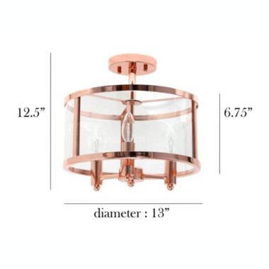 Elegant Designs Medium 13" Iron And Glass Shade Traditional Farmhouse Industrial 3-Light Ceiling Mounted Round Semi-Flushmount, Rose Gold. View a larger version of this product image.