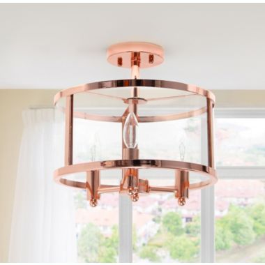 Elegant Designs Medium 13" Iron And Glass Shade Traditional Farmhouse Industrial 3-Light Ceiling Mounted Round Semi-Flushmount, Rose Gold. View a larger version of this product image.