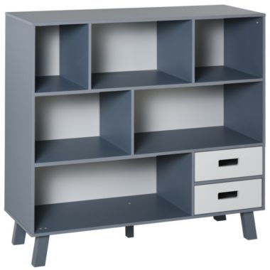 HOMCOM 3-Tier Child Bookcase Open Shelves Cabinet Floor Standing Cube Storage Organizer with Drawers - Grey. View a larger version of this product image.