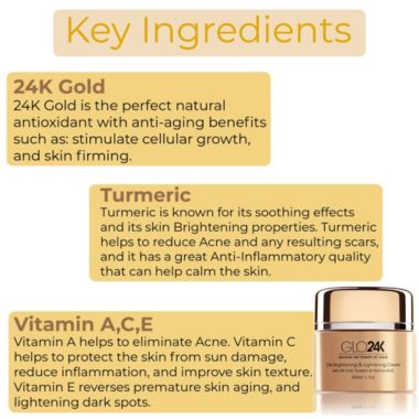 GLO24K Brightening & Lightening Cream with 24k Gold, Turmeric & Vitamins A,C,E. View a larger version of this product image.