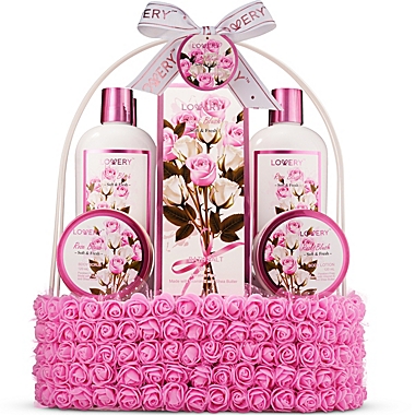 10pc Rose Blush Relaxing at Home Body Care, Handmade Home Spa Gift Basket. View a larger version of this product image.