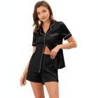 Alternate image 0 for cheibear Women's Pajama Loungewear Shorts Button Down Shirt Sleepwear Solid Collared Elastic Waist Nightwear Satin Pajama Sets Small Black