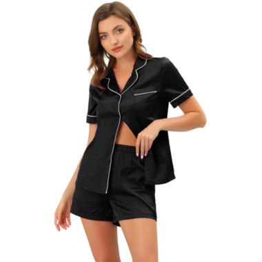 cheibear Women's Pajama Loungewear Shorts Button Down Shirt Sleepwear Solid Collared Elastic Waist Nightwear Satin Pajama Sets Small Black. View a larger version of this product image.