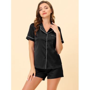 cheibear Women's Pajama Loungewear Shorts Button Down Shirt Sleepwear Solid Collared Elastic Waist Nightwear Satin Pajama Sets Small Black. View a larger version of this product image.