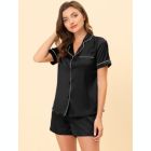 Alternate image 2 for cheibear Women's Pajama Loungewear Shorts Button Down Shirt Sleepwear Solid Collared Elastic Waist Nightwear Satin Pajama Sets Small Black