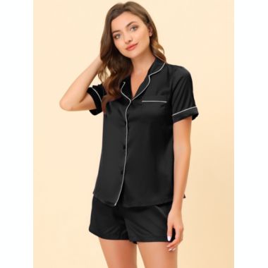 cheibear Women's Pajama Loungewear Shorts Button Down Shirt Sleepwear Solid Collared Elastic Waist Nightwear Satin Pajama Sets Small Black. View a larger version of this product image.