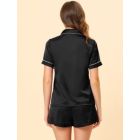 Alternate image 3 for cheibear Women's Pajama Loungewear Shorts Button Down Shirt Sleepwear Solid Collared Elastic Waist Nightwear Satin Pajama Sets Small Black