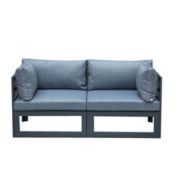 LeisureMod Chelsea 2-Piece Sectional Loveseat Black Aluminum with Cushions - Blue