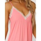 Alternate image 3 for cheibear Women's V-neck Lace Sexy Nightdress Stretchy Lounge Dress Pajama, Rayon Sleepwear Sleepshirts Nightdress Regular Fit Gown Dress Pink S