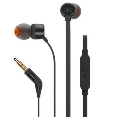 Two JBL T110 in Ear PureBass Headphones Black. View a larger version of this product image.