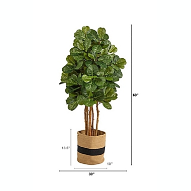 Nearly Natural Home Decorative 5&#39;H Fiddle Leaf Fig Artificial Tree in Handmade Natural Cotton Planter. View a larger version of this product image.