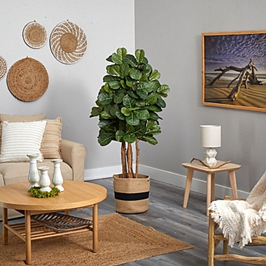 Nearly Natural Home Decorative 5&#39;H Fiddle Leaf Fig Artificial Tree in Handmade Natural Cotton Planter. View a larger version of this product image.