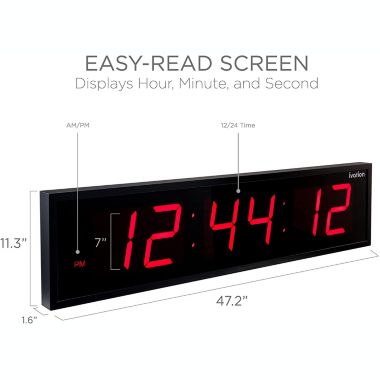 Ivation Huge 48" Inch Large Big Oversized Digital LED Clock with Stopwatch, Alarms, Countdown Timer & Temp - Shelf or Wall Mount (Red)   6-Level Brightness, Mounting Holes & Hardware. View a larger version of this product image.