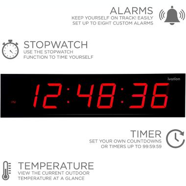 Ivation Huge 48" Inch Large Big Oversized Digital LED Clock with Stopwatch, Alarms, Countdown Timer & Temp - Shelf or Wall Mount (Red)   6-Level Brightness, Mounting Holes & Hardware. View a larger version of this product image.