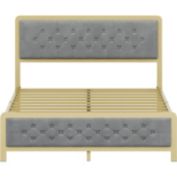 Idealhouse Grey Metal Frame Platform Bed with Button Tufted Headboard