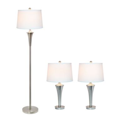 Lalia Home Perennial Modern Vienna 3 Piece Metal Lamp Set (2 Table Lamps, 1 Floor Lamp) For Living Room, Bedroom, Home Decor With White Tapered Drum Fabric Shades And Brushed Nickel Finish. View a larger version of this product image.